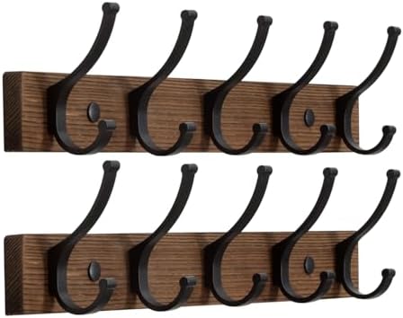 Optish Coat Rack Wall Mount, 16.5 Inches Wood Coat Hooks Wall Mount, Wall Coat Rack with 5 Hooks, Hat Rack Wall Hooks for Hanging Coat, Bag, Towel (2Pack, Brown) by Optish