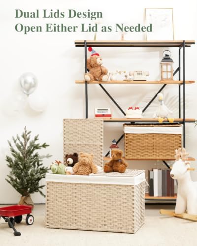 SETVSON Storage Basket with Lid 160L Wicker Baskets Storage Light Khaki - Image 6