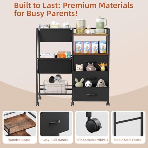 Somdot Baby Diaper Caddy Organizer, 3-Tier Rolling Cart with Drawers - Image 5