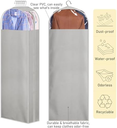 MISSLO 10" Gusseted Garment Bags for Hanging Clothes Storage 60" Dress Bags for Gowns Long Breathable Dress Cover for Closet Storage Coat Protector, 3 Packs, Grey - Image 5