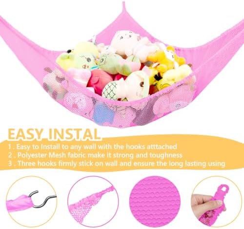 Stuffed Animal Hammock, Stuffed Animal Toy Net Hammock Wall Sling Corner Extra Large Mesh Plush Net Organizer (Pink 2 Pack, 70 inch) - Image 2