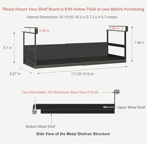 Expandable Under Cabinet Shelf Organizer with 0.94-Inch Thick Clips, Heavy Duty Extendable Under Shelf Storage Basket for Pantry or Laundry Room, Black, 1 Pack, Interior: 5.7" H x 7.2" D - Image 3
