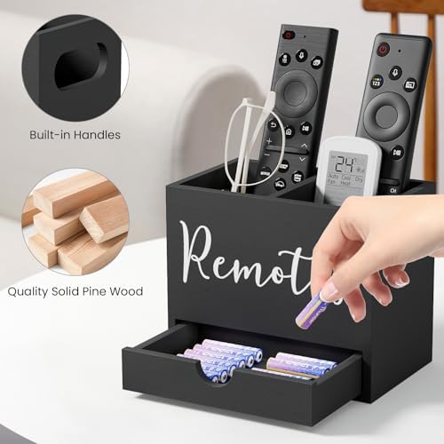 Remote Control Holder, TV Remote Holder with Drawer, Wood Remote Control Organizer for Table, Media Storage Box for Nightstand, Living Room (Black,2 Slots) - Image 3