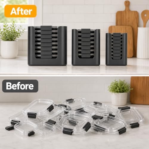 Food Container Lid Organizer for Rubbermaid Brilliance Lid, 3-Piece Lid Organizers for Cabinet, Holds 24 Snap-On Lids, Stackable Kitchen Cabinet Organizer for 0.5, 1.3, 3.2 & 4.7 Cup Lids, Black - Image 5