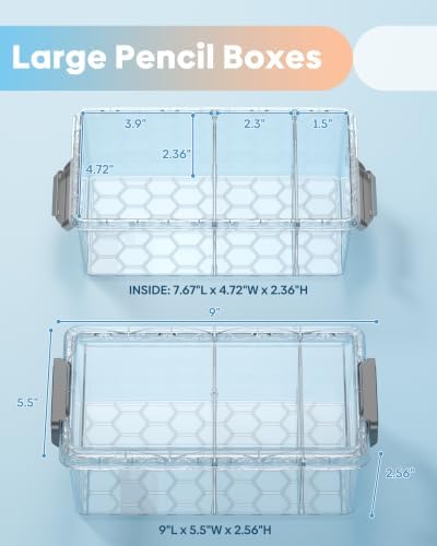 BiuLeon 8 Pack Large Pencil Box Set, Plastic Clear Pencil Case Marker Organizer, Crayon Box Craft Organizers, Stackable Storage Containers with Lid for Pen, Art and Craft Supplies(Gray—with dividers) - Image 2