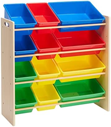 Amazon Basics Kids Toy Storage Organizer With 12 Plastic Bins, Natural Wood, Multicolor, for Bedroom and Playroom, 33.85"D x 12.79"W x 35.42"H by AmazonBasics