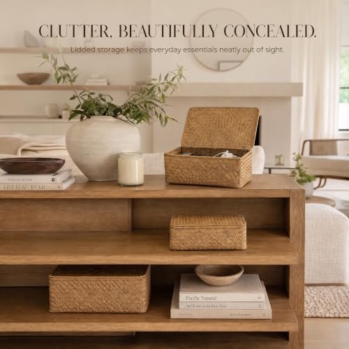 Decorative Wicker Storage Boxes with Lids - Set of 3 Seagrass Organizers - Image 2