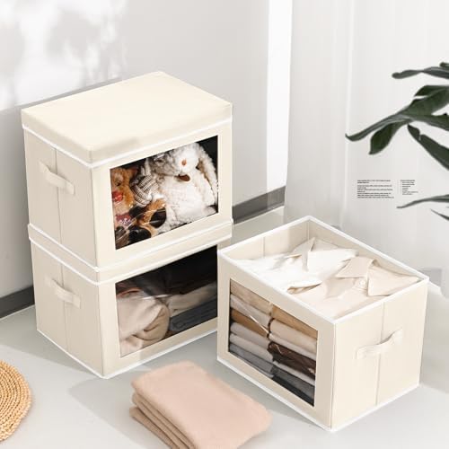 Homsorout Storage Bins with Lids, 4 Pack Large Storage Cubes with Window, Closet Bins with Lids & Handles, Fabric Box for Organizing Clothes, Towels, Books, Beige - Image 4