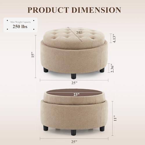 COLAMY Fabric Round Storage Ottoman with Reversible Tray Lid(Camel) - Image 2