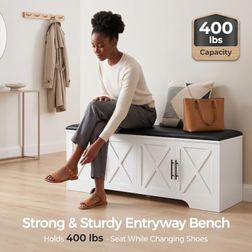 DreamDashio Storage Bench with Cushion, 47.2" End of Bed Storage Bench with Lift Top, Window Bench Seat with Storage for Bedroom, Mudroom, Entryway, Living Room & Hallway, White - Image 5