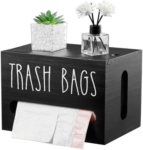 DRASTAR Trash Bag Dispenser, Large Wooden Trash Bag Holder Wall Mount, Black Roll Holder for for 13-gallon Plastic Garbage Bags Dispenser Countertop, Under Kitchen Sink Organization by EnhanceYourDailyLife