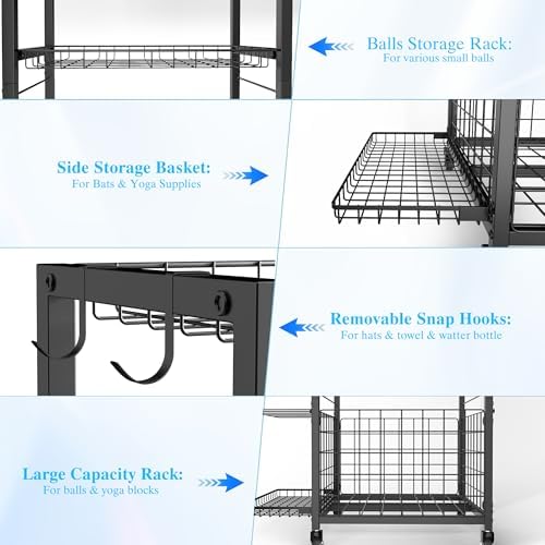 Sports Equipment Garage Organizer,Garage Ball Storage Rack for Sports with Wheels-Upgraded 3 Layers Sports Organizer Rack Outdoor Basketball Racks for Balls with Holder and Hooks - Image 4