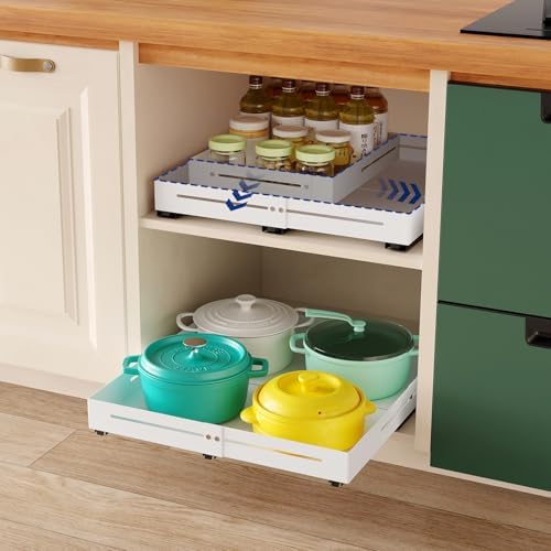 Pull out Cabinet Organizer, Full Metal Expandable Width (14.8"-20.8") & Depth (12.4"-17.7") Adjustable Slide out Drawers, No Drill Adhesive Roll out Shelves for Kitchen Pantry, White by AmzAgeHomeKitchen