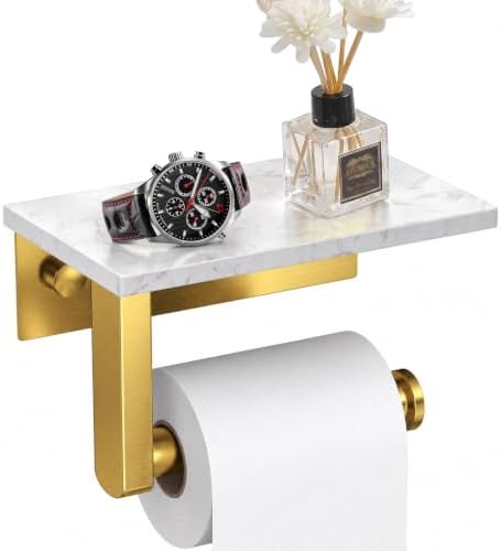 BWE Toilet Paper Holder with Marble Shelf, Toilet Paper Roll Holder Wall Mounted, Toilet Paper Roll Holder with Phone Shelf 304 Stainless Steel Tissue Holder for Bathroom Washroom (Gold) by BWE
