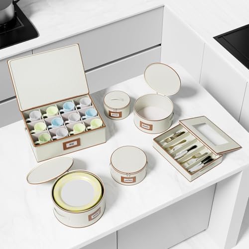 Aokeyee 6-Piece China Storage Containers Set, Hard Shell Moving Boxes for Dishes, Plates, Mugs & Flatware – Dinnerware Organizer with Soft Felt Dividers, Sturdy Handles & Zippers, Ivory - Image 6