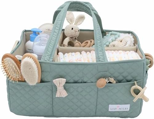 Lily Miles Baby Diaper Caddy Organizer, Quilted Nursery Storage Basket for Newborn Essentials and Diaper Changing Station, Gift for Baby Shower and Registry Must-Have (Willow Green) by LilyMiles