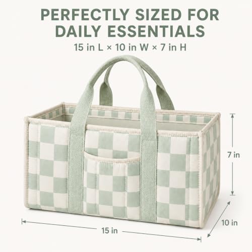 Checkered Diaper Caddy Organizer,Baby Essentials Storage Basket,Green - Image 3