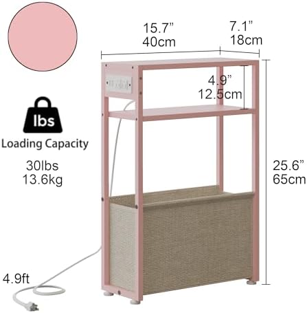 Leomonio Pink Side Table with Charging Station, Slim End Tables with Linen Basket, Skinny Table for Small Spaces, Thin Bedside Table for Living Room, Bedroom - Image 2
