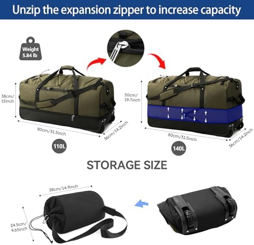 110L Expandable to 140L 32” Foldable Oxford Soft-Sided Rolling Duffle Bag with 2 Heavy-Duty Wheels,2 Large Compartments,Adjustable Shoulder Strap and Attached Organizer Pouch,Green - Image 2
