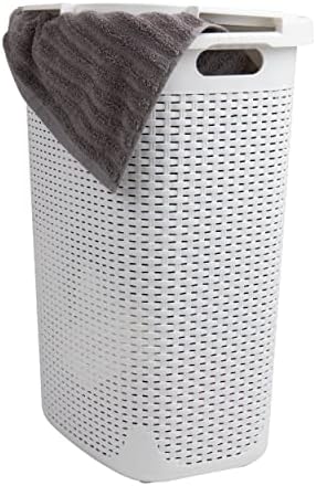 Mind Reader Slim Laundry Hamper with Lid, 60L Tall Clothes Basket, Narrow Tapered Design for Bathrooms, Closets and Laundry Rooms, Plastic, White by MindReader