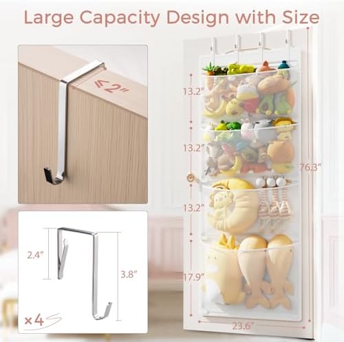 Criusia Stuffed Animal Storage, Over the Door Organizer with 4 Mesh Pockets, Toy Organizers and Storage for Nursery, Baby Supplies, Hanging Door Organizer for Kids Room & Playroom Organization, White - Image 3