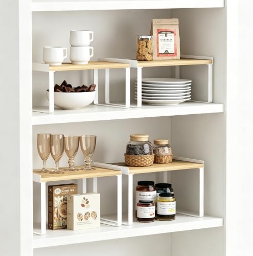 Goozii Cabinet Shelf Organizers Set of 4, Kitchen Countertop Rack for Plates Dishes Cups Mugs Spices, Pantry Cupboard Cabinet Organizers, Storage Shelves Rack Insert for Counter (Bamboo Wood, White) - Image 4