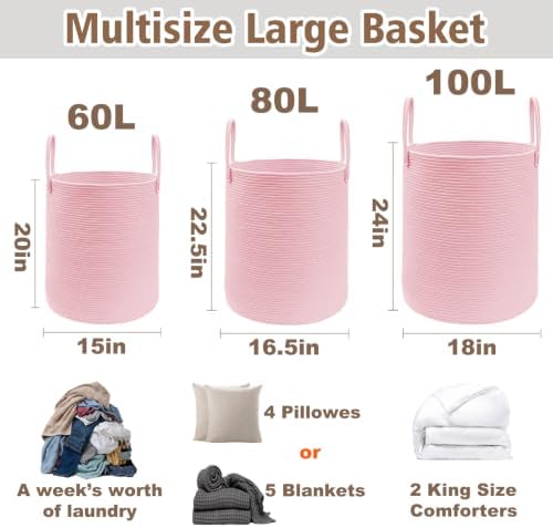 JMvicyroam 100L Cotton Rope Laundry Basket Hamper, Pink - Image 2