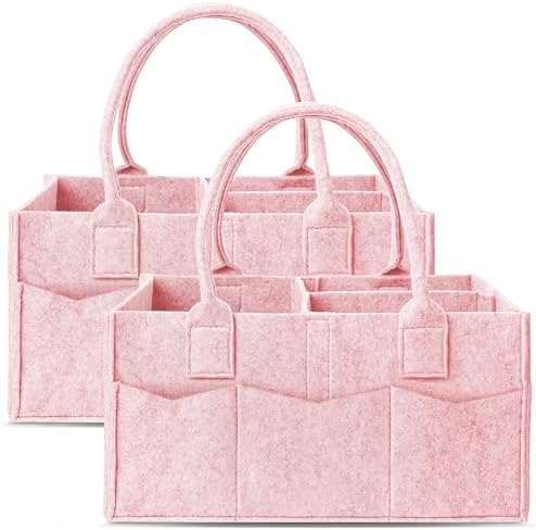 Cute Castle 2 Pack Diaper Caddy Organizer - Portable Baby Caddy Organizer with Handle, Nursery Storage Bin and Car Organizer for Girls, Boys - Baby Gift Basket - Pink by Cute+Castle