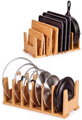 2 Pack Bamboo Pot Lid Organizer for Drawer & Cabinet, 6-Slot Lid Holder by PinEther