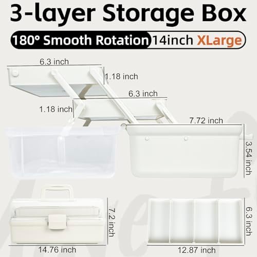 TERGOO 14in 3-Layer Multipurpose Craft Organizers and Storage with Adjustable Dividers, Portable Tackle Box, Folding Art & Craft Case for Medicine, Tool, Sewing Organizer (White, X-Large) - Image 2