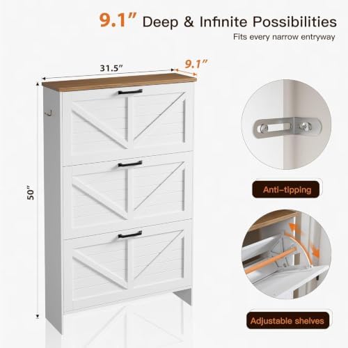 Nicetree Shoe Cabinet, 3 Flip Drawers & Adjustable Shelves, Ultra Slim Freestanding (9.1” Deep), Holds 30 Pairs, Narrow Shoe Storage Cabinet with Anti-Tip Safety, Modern Farmhouse White Walnut - Image 2