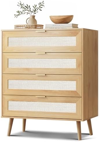 4-Drawer Rattan Tall TV Stand, Wooden TV Console by GALAXHERO