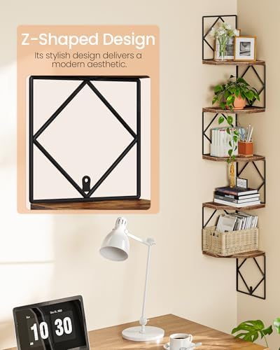 CHOEZON 5-Tier Corner Shelf, Floating Shelf, Wall-Mounted Storage Shelf, Wall Decor, Narrow Corner Bookshelf, for Living Room, Bedroom, Home Office, and Bathroom, Rustic Brown and Black TCJ35BF - Image 5