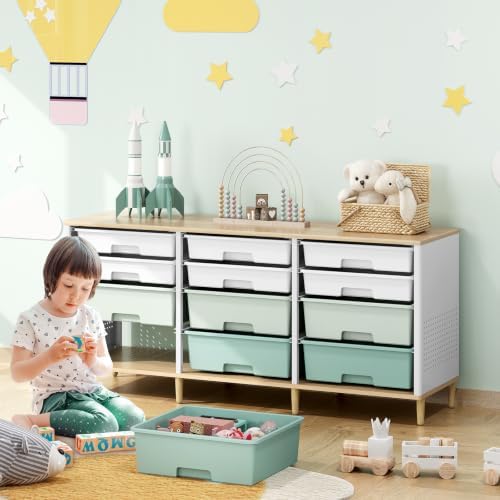 TOOLF 12 Drawers Storage Cabinet with Wooden Top and Plastic Bins,Green - Image 7
