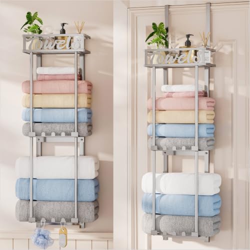 HapiRm Towel Rack Bathroom Storage - 3 Tier Over The Door & Wall Mounted Rolled Towel Racks Holder Organizer with Metal Shelf and 6 Hooks for Small Bathroom, Camper, Rv - Sliver by HapiRm