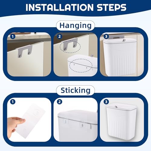 3 Pack Hanging Trash Can with Lid, Kitchen Compost Bin for Counter Top or Under Sink, Waste Basket Wall Mounted Garbage Can for Cupboard/Bathroom/Bedroom/Office/Camping (White) - Image 7