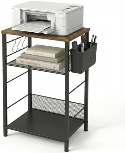 ECOLOVI Small 3 Tier Printer Stand for Under Desk, Height Adjustable Shelf Printer Table with 3 S-Hooks & Basket, Heavy Duty Industrial Storage Shelf for Home Office (Rustic Brown) by ECOLOVI