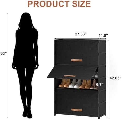 7 Tier Shoe Cabinet with Door, 28-Pair Storage, Black - Image 3