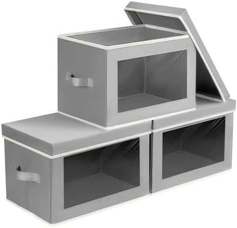 Homsorout Storage Bins, Storage Baskets for Shelves with Window, Fabric Storage Bins with Handle, Foldable Storage Cubes Boxes for Organizing for Clothes, Towels, Books, 3 Pack, Grey by Homsorout