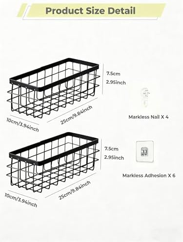 2 PCS Slim Hanging Wire Wall Basket for Bathroom, No Drill, Black - Image 3