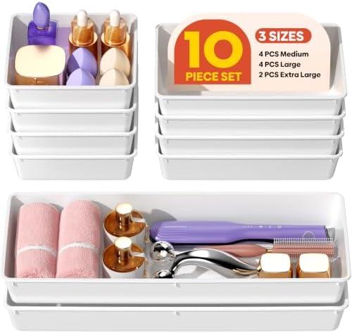 10 Pack Large Size Plastic Drawer Organizers Set, 3 Sizes Desk Drawer Organizer Trays, Storage Bins for Vanity, Makeup, Bathroom, Kitchen Utensils and Office (White) by Unknown