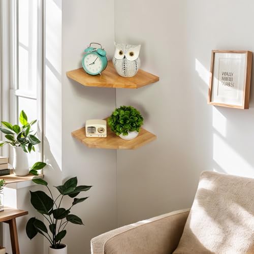Corner Wall Shelves Set 2 Wire Hole Solid Oak Wood Display Shelf ,Natural - Image 6