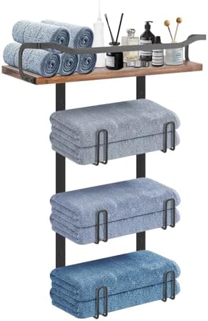 NearMoon Towel Rack with Wooden Shelf, All Metal Rustproof Towel Organizer Holder for Bathroom Storage, Wall Mounted (1 Pack, Matte Black) by NearMoon