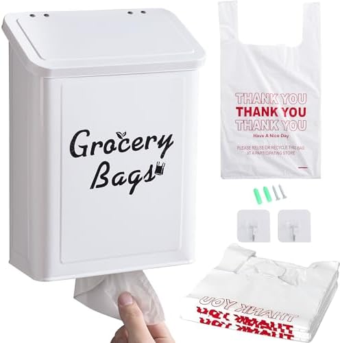 Metal White Magnetic Grocery Bags Holder, Farmhouse Wall Mount Plastic Bag Holder with 50pcs Shopping Bags, Trash Bag Dispenser for Kitchen, Garage, Laundry Room by CANDCO