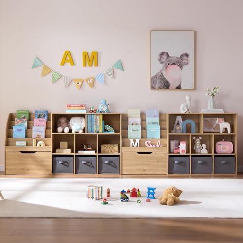 Fatmok 2 Pack Kids Bookcase, 58.5 Inch Wooden Storage Organizer with Reading Nook, Front Facing Book Rack, 5 Cubbies & Detachable Toy Bins, Storage Cabinet for Playroom, Nursery, Kids Bedroom by Fatmok