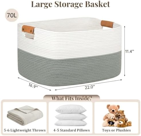 Danpinera 70L Large Woven Blanket Basket for Living Room White & Sage Green - Image 2