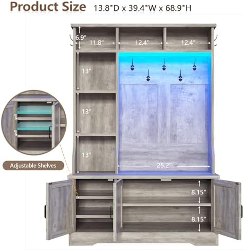 Hall Tree with Bench and Shoe Storage, LED Entryway Bench with Coat Rack - Image 4