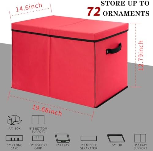 JY COOKMENT Christmas Ornament Storage Box with Adjustable Dividers, Large Holiday Ornaments Storage Container Bin with Lid for Xmas Decorations (72-3" Balls, Red, With Removable Tray) - Image 2