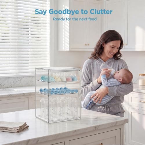 HBlife Baby Bottle Storage Organizer for Countertop Cabinet, 3 Tiers Adjustable Clear Acrylic Bottles Storage Station Case Box Container with 2 Removable Dividers and Magnetic Door, X-Large - Image 5