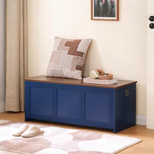 HOOBRO Storage Bench, 39.3" Retro Wooden Storage Chest, Wooden Storage Trunk, Toy Chest with Lift Top, Multifunctional Entryway Organizer, for Entryway, Living Room, Blue and Walnut UH141CW01G1 - Image 5